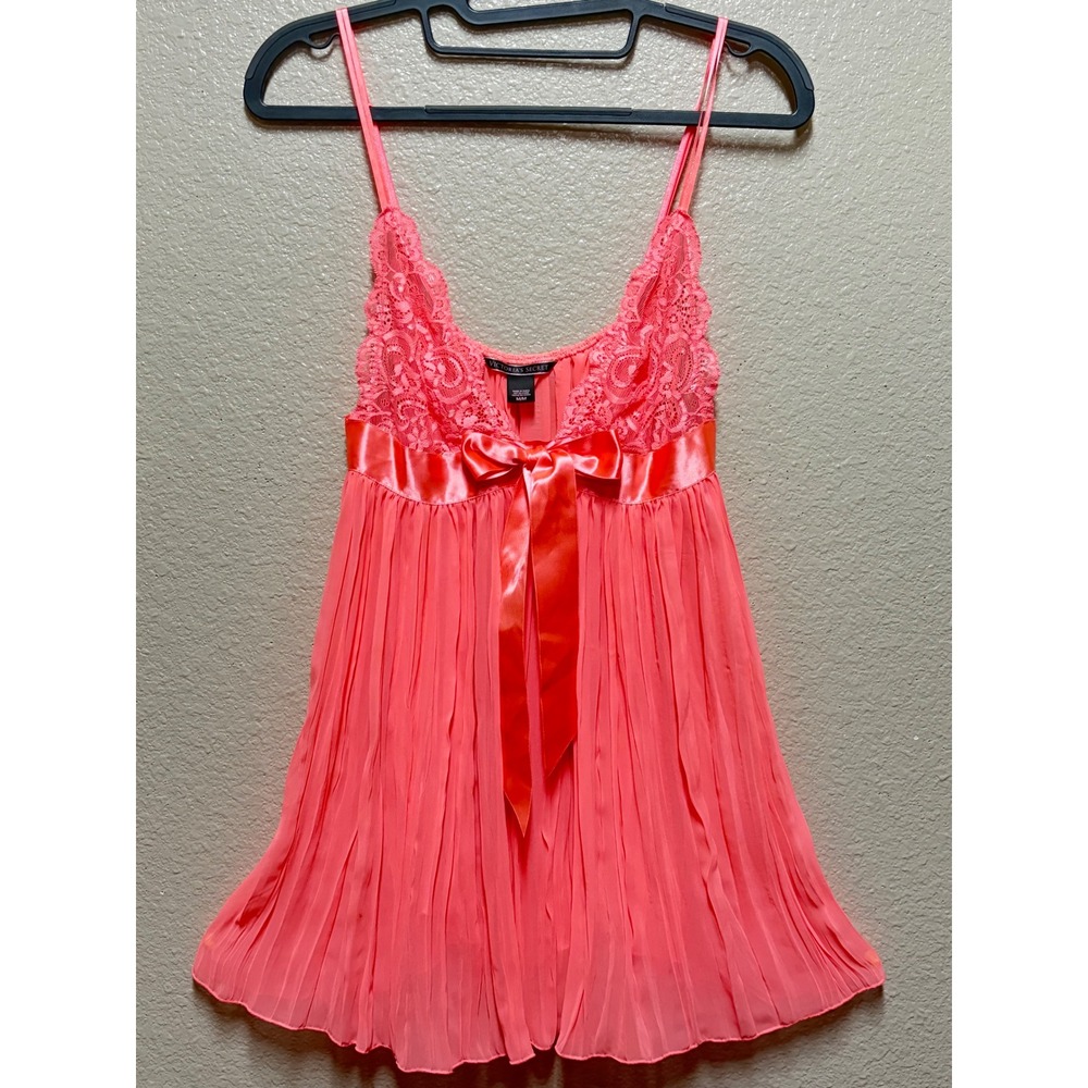 Victorias Secret Coral Pink Lace Pleated Babydoll Chemise Lingerie Medium